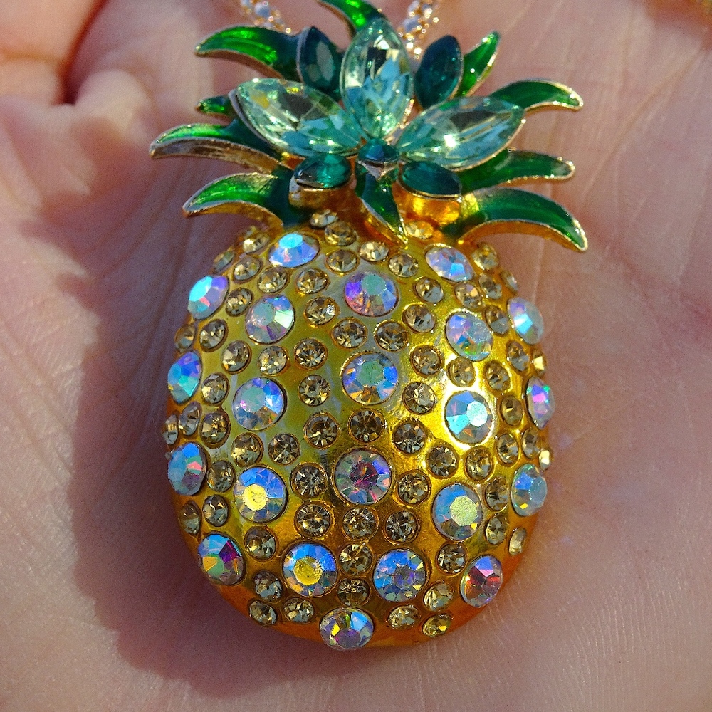 Iridescent Jewel Golden Pineapple Pin Summer Fruit Statement Necklace / Brooch